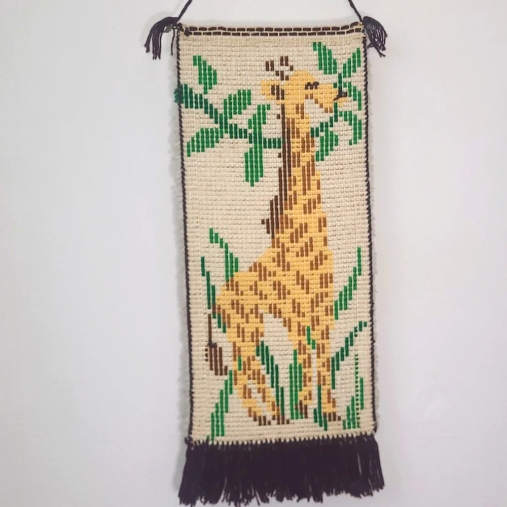 Giraffe Latch Hook Handmade  in USA Vintage Brass hanger Yellow Brown Green EUC